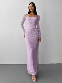 Aloruh 新款优雅方领提花针织女式连衣裙 - 淡紫色 - 查看 7