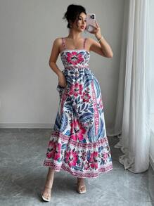 Elenzga Vestito casual senza maniche da donna con stampa floreale, adatto per vacanze e uso quotidiano