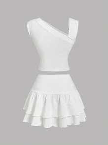 SHEIN MOD Dreamy Romantic White Ruffled Asymmetrical Women's Vest And Two-Tiered Skirt Set With Unique Shoulder Straps - Perfect For Vacations, Dates, Birthday Celebrations, Afternoon Teas, And Festivals,Summer,Beach Outfits For Woman,Vacation Outfits Women,Rave Outfits,Country Concert Outfit - White - View 3