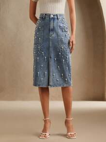 Anewsta Beaded Denim Bodycon Skirt For Women, Spring/Summer - Blue - View 4