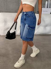 SHEIN PETITE Women Blue Low Rise Bermuda Denim Shorts Summer - Light Wash - View 3