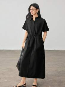 Dazy-Less 休闲宽松抽绳腰带口袋衬衫裙，短袖，简约商务风复古富家风连衣裙，教师装长裙 - 黑色 - 查看 5