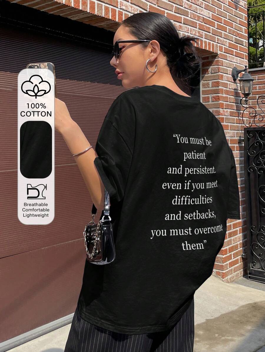 DAZY Slogan Graphic Drop Shoulder Tee You Must Be Patient And Persistent Even If You Meet Difficulties And Setbacks, You Must Overcome Them Summer Oversized T-Shirt - Black - View 1