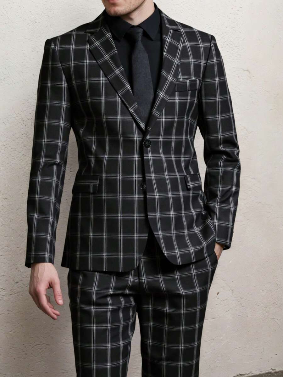 Calvornis Conjunto de chaqueta y pantalón de traje de hombre con estampado de cuadros de manga larga - Negro - Ver 1