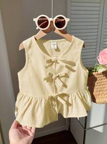 SHEIN 年轻女孩可爱夏季百搭粉色条纹蝴蝶结无袖上衣 - 黃色 - 查看 4