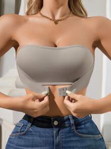 1pc Front Closure Gathering Wireless Bra, Women - Light Grey - View 7