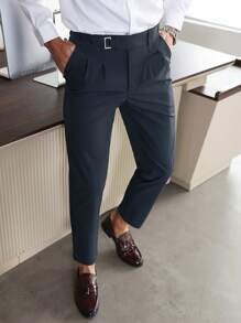 Calvornis Pantalones de traje entallados de color liso casuales para hombre - Azul Marino - Ver 8