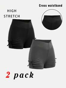Set de 2 piezas de Licras y shorts ciclistas con cintura fruncida y lazo en estilo deportivo para niñas preadolescentes, ideal para volver al colegio - Multicolor - Ver 1