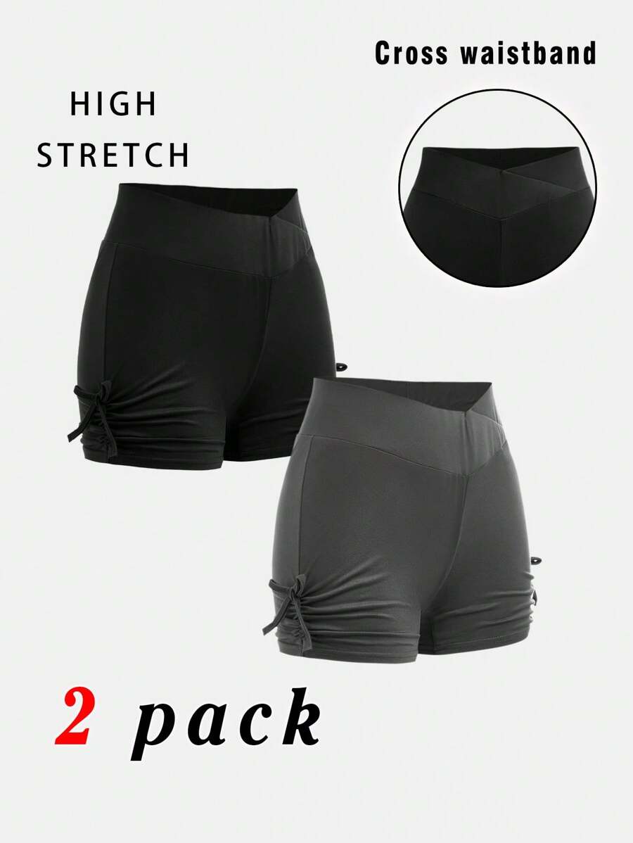 Set de 2 piezas de Licras y shorts ciclistas con cintura fruncida y lazo en estilo deportivo para niñas preadolescentes, ideal para volver al colegio - Multicolor - Ver 1