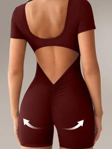 SHEIN Sports 纯色露背紧身圆领短袖无缝运动连体裤 - 酒紅色 - 查看 1