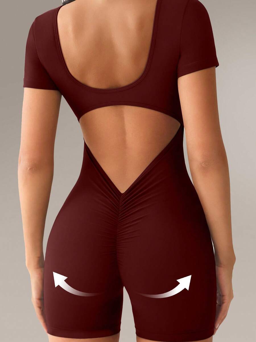 SHEIN Sports 纯色露背紧身圆领短袖无缝运动连体裤 - 酒紅色 - 查看 1