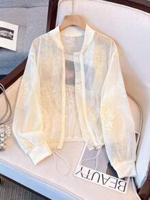 SHEIN LUNE 2025 Autumn New French Fashion Sheer Embroidered Lightweight Cardigan, Casual Loose Short Bomber Jacket, Suitable For Commuting, Vacation, Dating, Outing, Holiday, Garden, Family Gathering, Labor Day, Festivals, Independence Day, Back To School, Teacher's Outfit, Halloween, Thanksgiving
