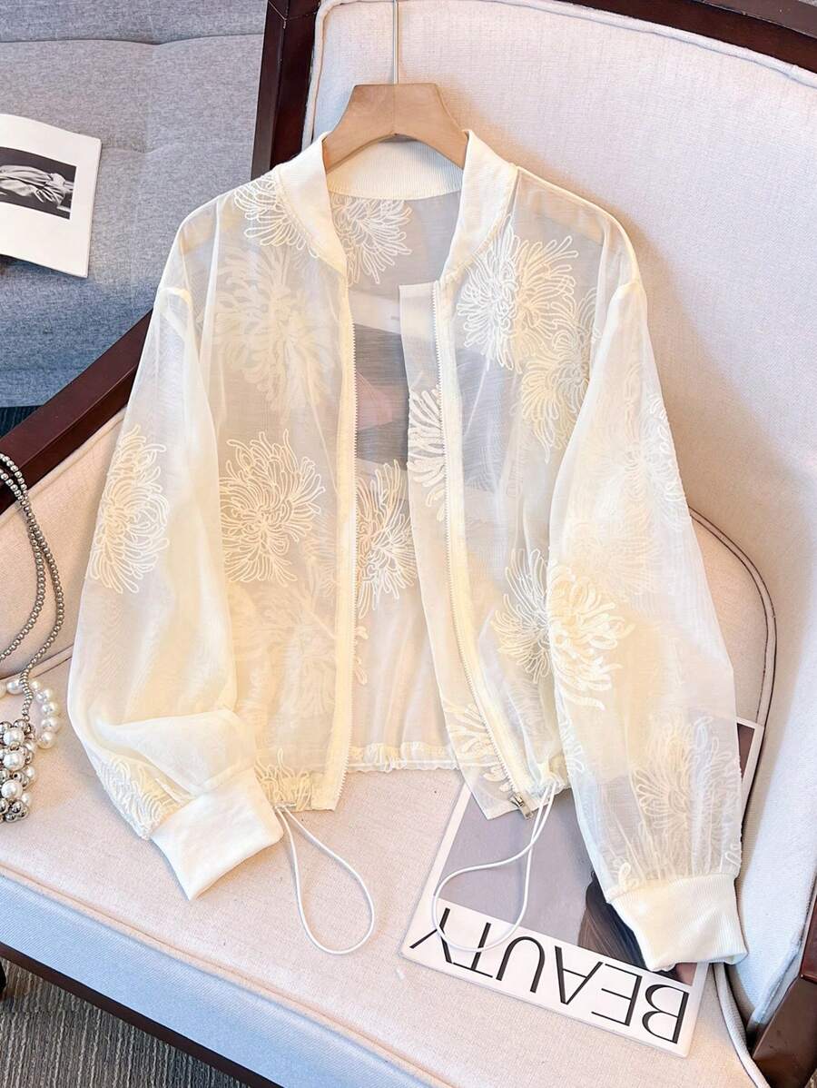 SHEIN LUNE 2025 Autumn New French Fashion Sheer Embroidered Lightweight Cardigan, Casual Loose Short Bomber Jacket, Suitable For Commuting, Vacation, Dating, Outing, Holiday, Garden, Family Gathering, Labor Day, Festivals, Independence Day, Back To School, Teacher's Outfit, Halloween, Thanksgiving