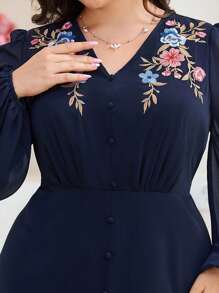 Modelyn 大码女式花卉刺绣网眼灯笼袖优雅阿拉伯连衣裙 - 藍色 - 查看 4