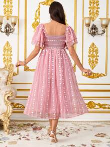 SHEIN Maternity Floral Jacquard Shirred Ruffle Sleeve Elegant Midi Dress,Pink Maternity Dress - Khaki - View 2