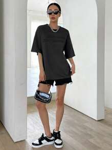 DAZY Slogan Pattern Drop Shoulder Tee KEEP CALM KEEP SMILING Oversized T-Shirt - Black - View 5