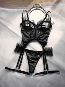 SpicyHot 4 件套女士系带网眼荷叶边镂空性感文胸套装 - 黑色 - 查看 4