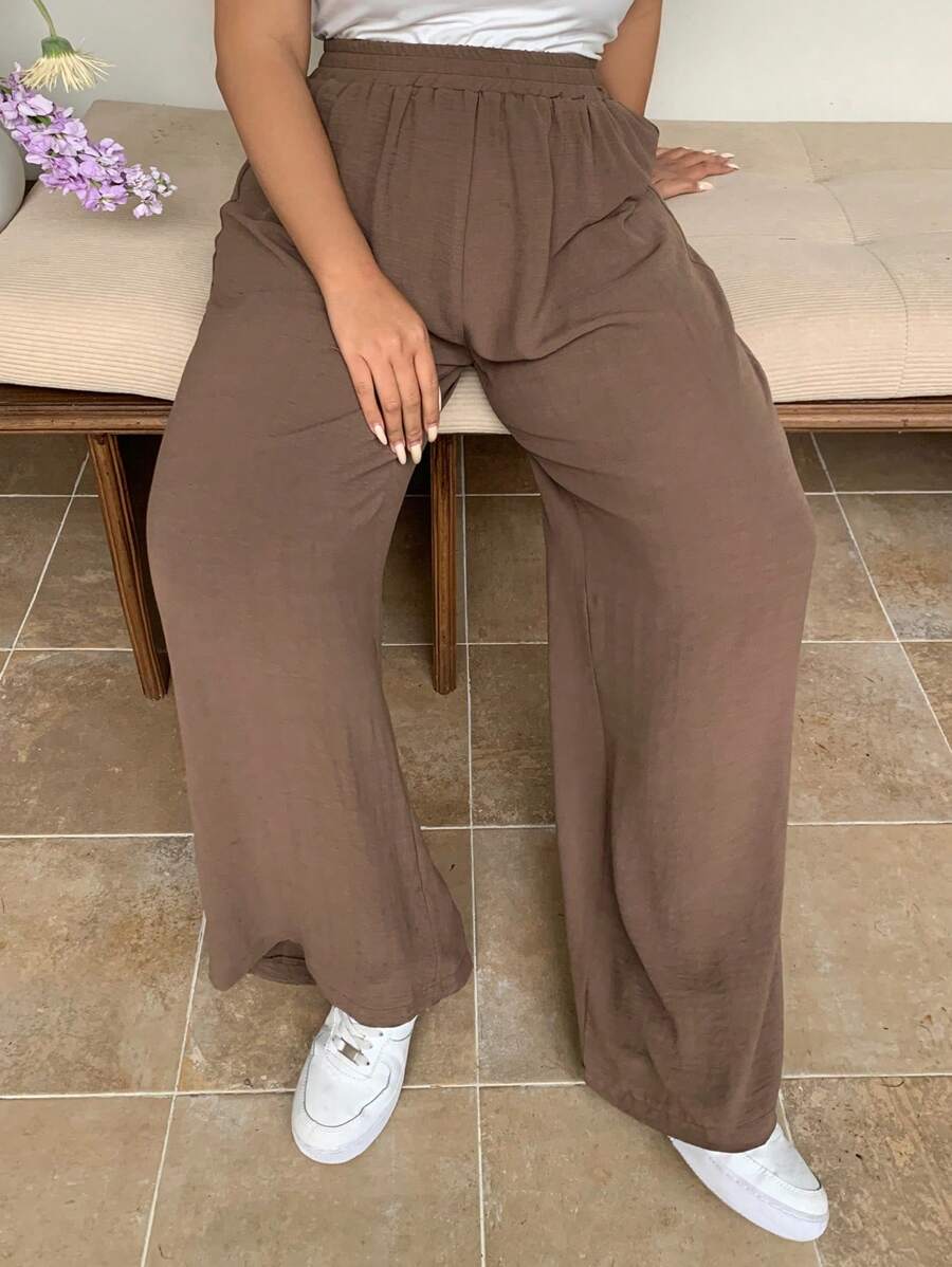 Dazy Plus 大码松紧腰宽松阔腿雪纺裤 - 卡其色 - 查看 1