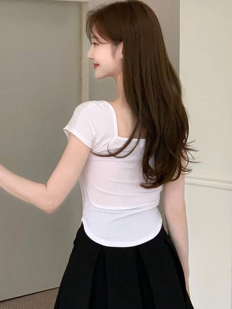 Women Lace Patchwork Hollow Out T-Shirt, White, Spring/Summer Delicate Lace Cute Tops