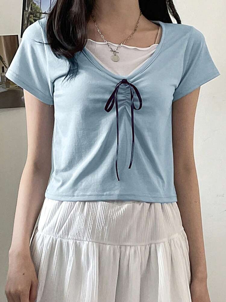 Women's Contrast Color Patchwork Lace-Up Cropped Short Sleeve T-Shirt, Blue, Spring/Summer