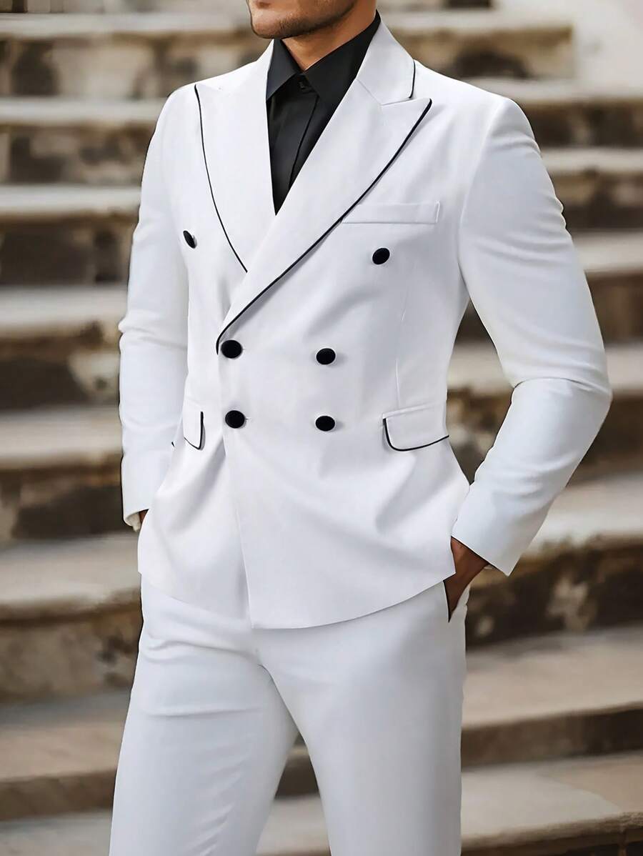 Manfinity Mode 男士纯色修身西装外套和裤子套装，适合夏季的时尚 - 白色 - 查看 1