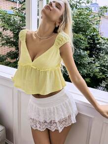 SHEIN EZwear 夏季休閒純色V領A字型短袖上衣 - 黃色 - 查看 5