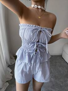Selianne 2pcs Summer Casual Outfit Set: Strapless Striped Ruffle Hem Crop Top + Elastic Waist Shorts - Blue and White - View 3