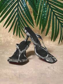 SHUZIA 女士时尚日常百搭蛇纹印花人字拖高跟凉鞋