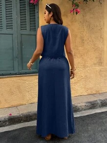 Breezaya Plus Size Women's Casual Solid Color Tie Halter Crop Top And Skirt Set