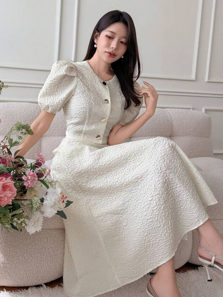 2pcs Women Set - Round Neck Puff Sleeve Blouse & Skirt