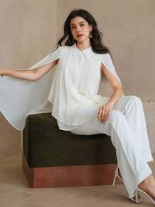 DAZY 2pcs Set Women Solid Color Single Breasted Cape Shirt & Long Pants,Ruffle - White - View 6