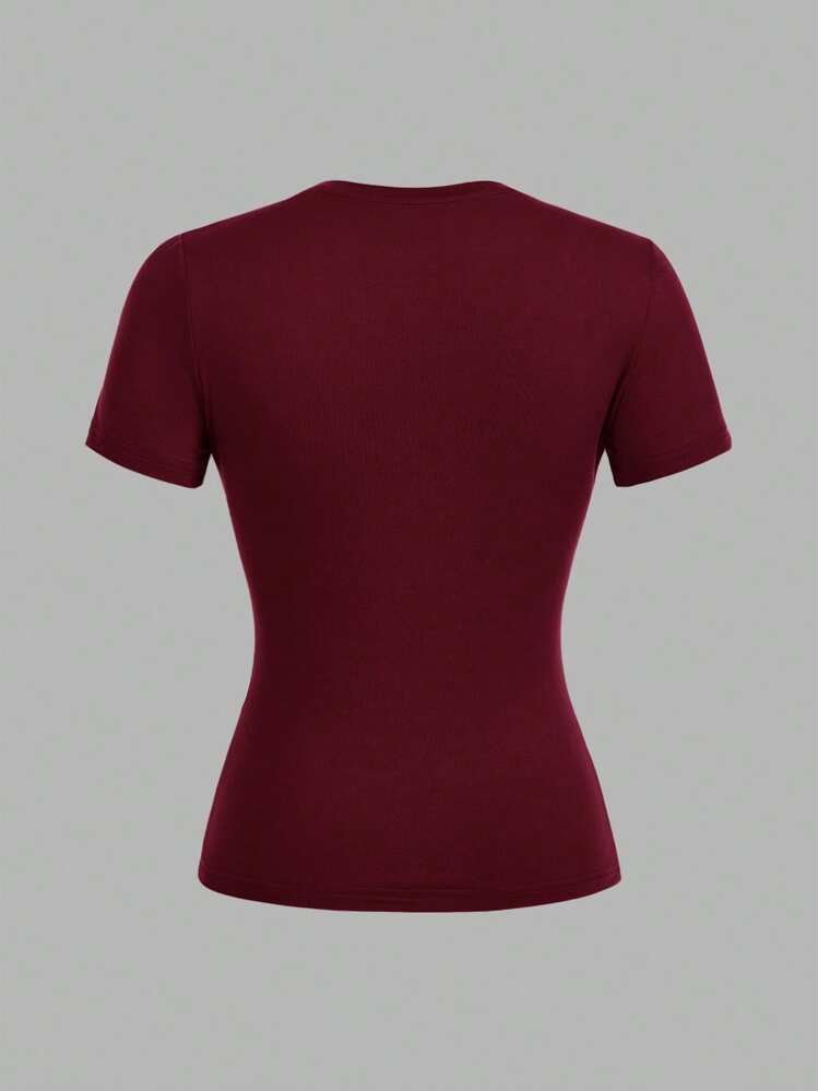 SHEIN EZwear 3 Pack Damen Rundhals Lässig Slim Fit Langarm T-Shirt Set, Schwarz/Weiß/Weinrot, geeignet für den Sommer - Verschiedenfarbig - Übersicht 4