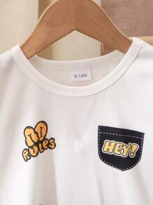 SHEIN Playful Pals 2件組 幼童男童口號圖案印花白色針織短袖T恤與黑色工裝長褲套裝 夏季休閒海灘時尚度假套裝 - 彩色 - 查看 5