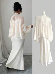 Selianne 2 件女式新款中国风雪纺罩衫 - 飘逸立领防晒披肩上衣和轻质罩衫，适合夏季和裙子 - 白色 - 查看 2