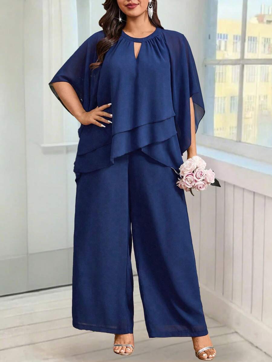SHEIN Belle 2pcs Plus Size Chiffon Multi-Layer V-Neck Short Sleeve Blouse + Straight Loose Pants Casual Outfit For Work - Navy Blue - View 1