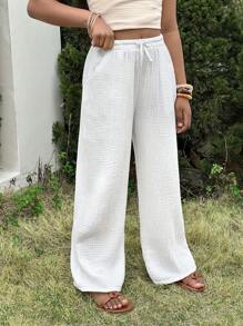 SHEIN Tween Girl Ruched Texture Chiffon Drawstring Waist Pocketed Loose Wide Leg White Pants