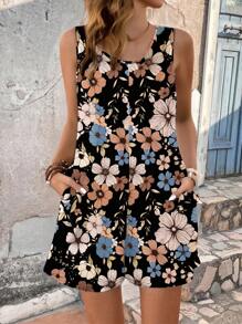 EMERY ROSE Women's Vintage Floral Print Pocketed Romper, Suitable For Spring Summer - Multicolor - View 4