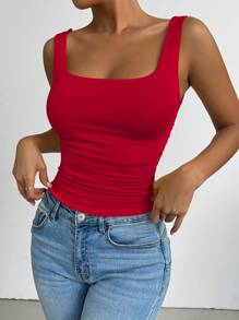 SHEIN PETITE 女士方领褶皱修身休闲吊带背心，适合春夏季日常穿着 - 紅色 - 查看 6