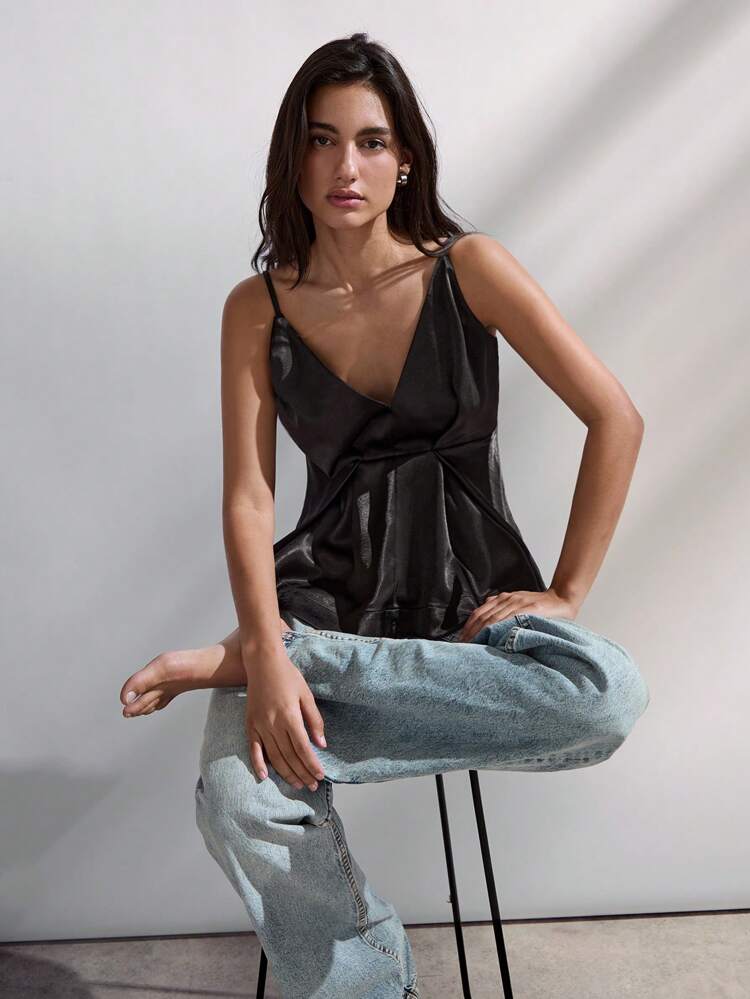 SHEIN Maija Black V-Neck Camisole For Women, Elegant Satin Fabric Soft Skin-Friendly Design, Pleated Peplum, Suitable For Parties, Events, Easter Festival, Graduation Brunch