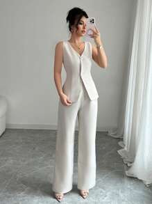 Elenzga Vintage Look Casual Waistcoat + Pants, For Spring/Summer Vacation