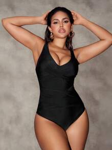 SHEIN Swim 1 pièce Maillot de bain une pièce pour femme avec design croisé de couleur unie - Noir - Voir 8