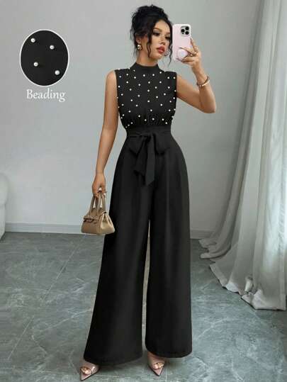  Elenzga Pearl Beaded Sleeveless Cinched Waist Apricot Elegant Commuter Stacked Neck Top Wide Leg Jumpsuit, Comfortable Jumpsuit, Asymmetric Sleeveless Top Jumpsuit, Suitable For Spring/Summer/Fall/Winter Season, Concert Women's Clothing, Elegant, Evening Gowns, Suitable For Everyday, Commute, Wedding Season