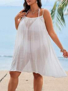 Swim Vcay Plus Size Women White Loose Neck Tie Cover-Up Dress