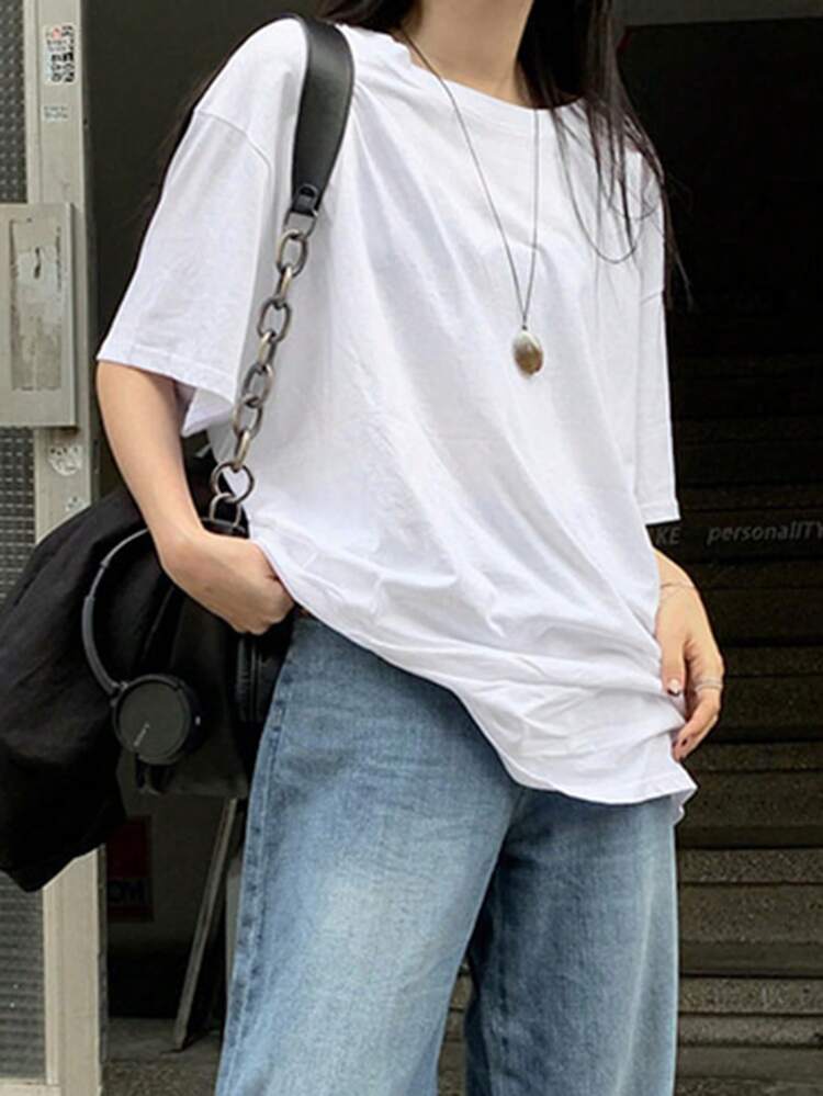 Solid Drop Shoulder Cut Out Back Oversized Tee Preppy Tops