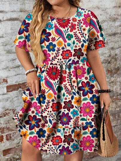 EMERY ROSE Music Festival Casual Floral Print Loose Round Neck Short Sleeve Plus Size Dress, Suitable For Spring/Summer,Beach Dress Sundress,Holiday Outfits Boho Chic Dress,Flower/Vacation