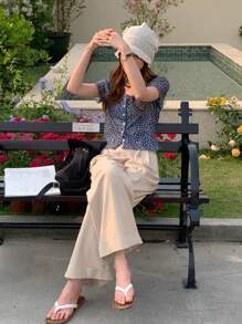 DAZY 女式休闲碎花前扣短袖 T 恤，夏季，短款上衣 - 藍色 - 查看 5