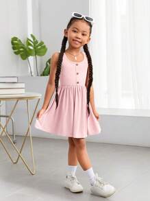 SHEIN Vestido sin mangas de punto de unicolor para uso casual diario de niñas, para primavera y verano