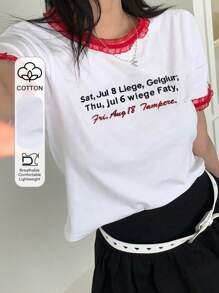 DAZY T-shirt à manches courtes pour femmes avec empiècement en dentelle et imprimé lettres, blanc, printemps/été, T-shirts graphiques