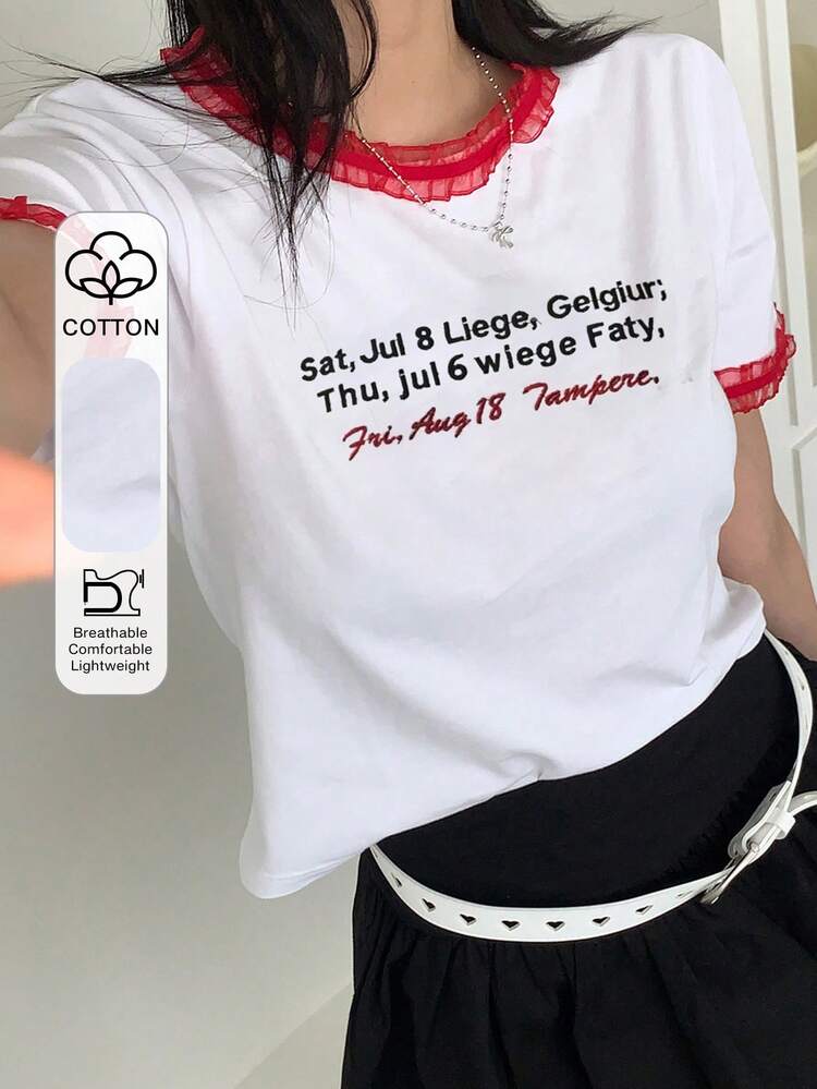 Women Lace Splice Letter Print Short Sleeve T-Shirt, White, Spring/Summer,Graphic Tees