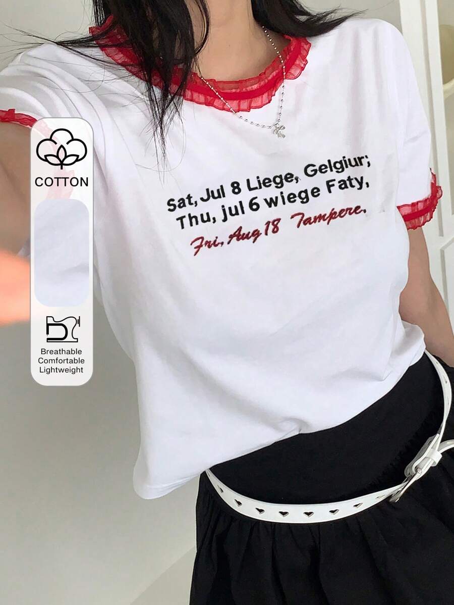 DAZY T-shirt à manches courtes pour femmes avec empiècement en dentelle et imprimé lettres, blanc, printemps/été, T-shirts graphiques